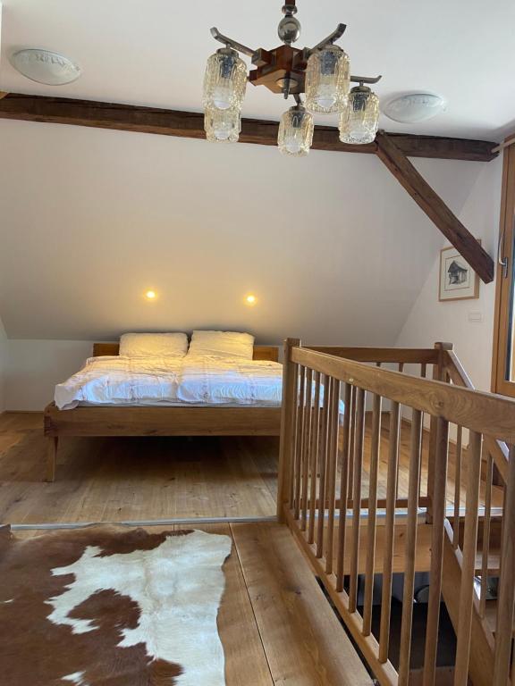 een slaapkamer met een bed in het midden van een kamer bij Pr Krač Countryside Hideaway in Dol pri Ljubljani