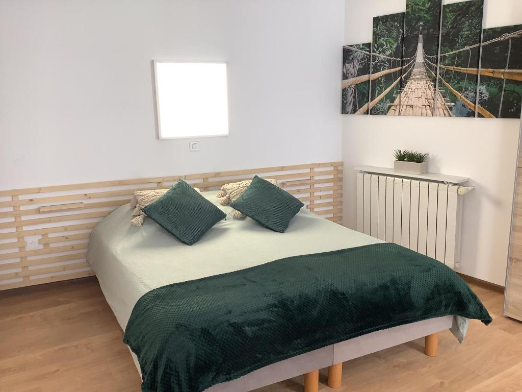 1 dormitorio con 1 cama con manta verde en Studio Amis de la Moselle, 