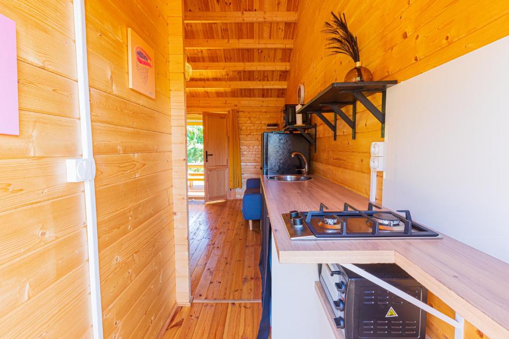 a kitchen with wooden walls and a stove in a cabin at Chalet Gayar in La Plaine des Cafres