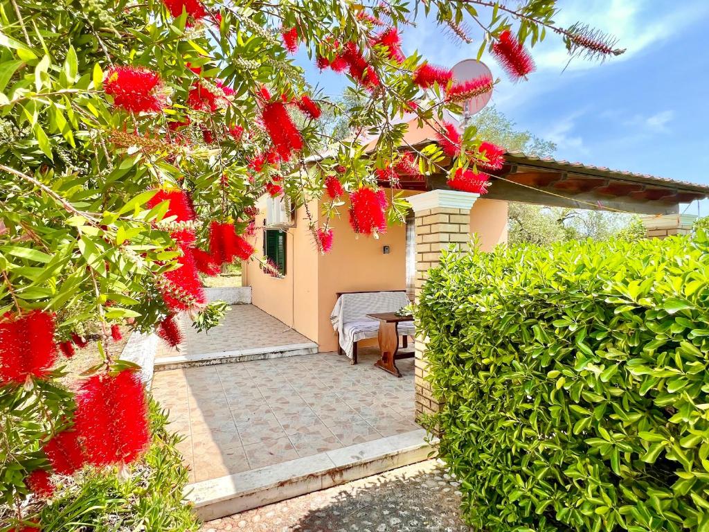 a house with red flowers in the trees at Renas Studio near Roda by DadoVillas in Roda