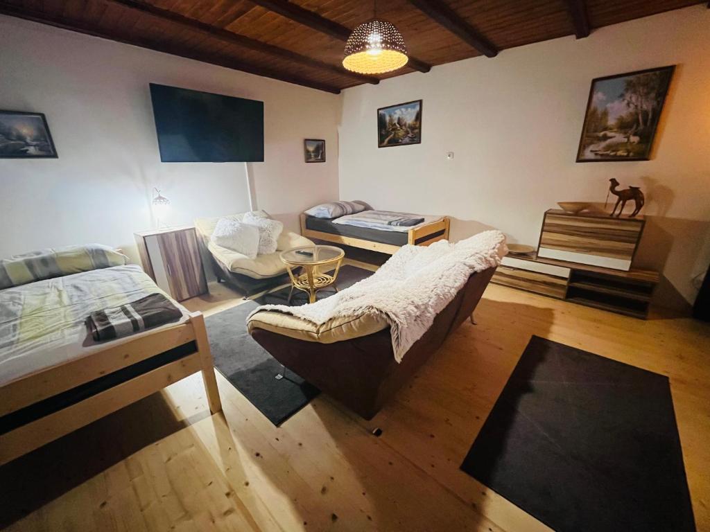 salon z 2 łóżkami i kanapą w obiekcie Apartmá Luxura w mieście Děčín