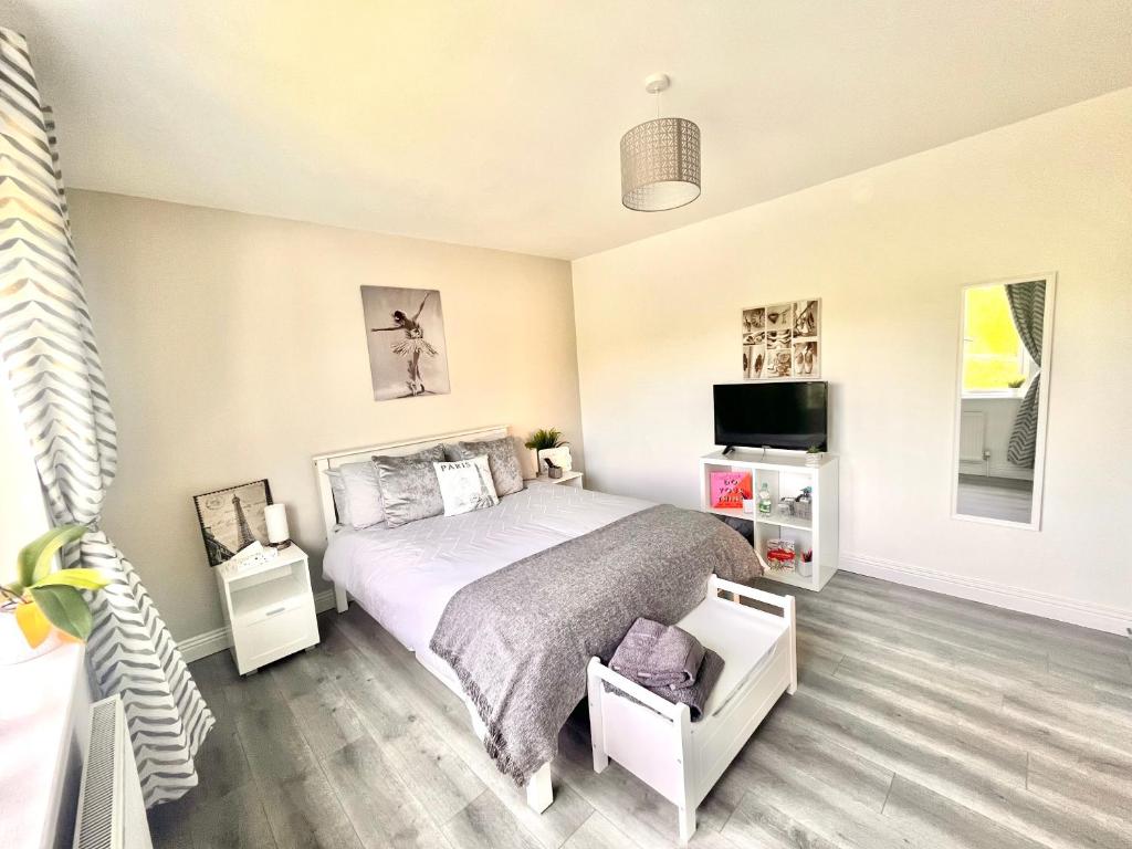 sypialnia z łóżkiem i telewizorem z płaskim ekranem w obiekcie The Pink Door w mieście Ennis
