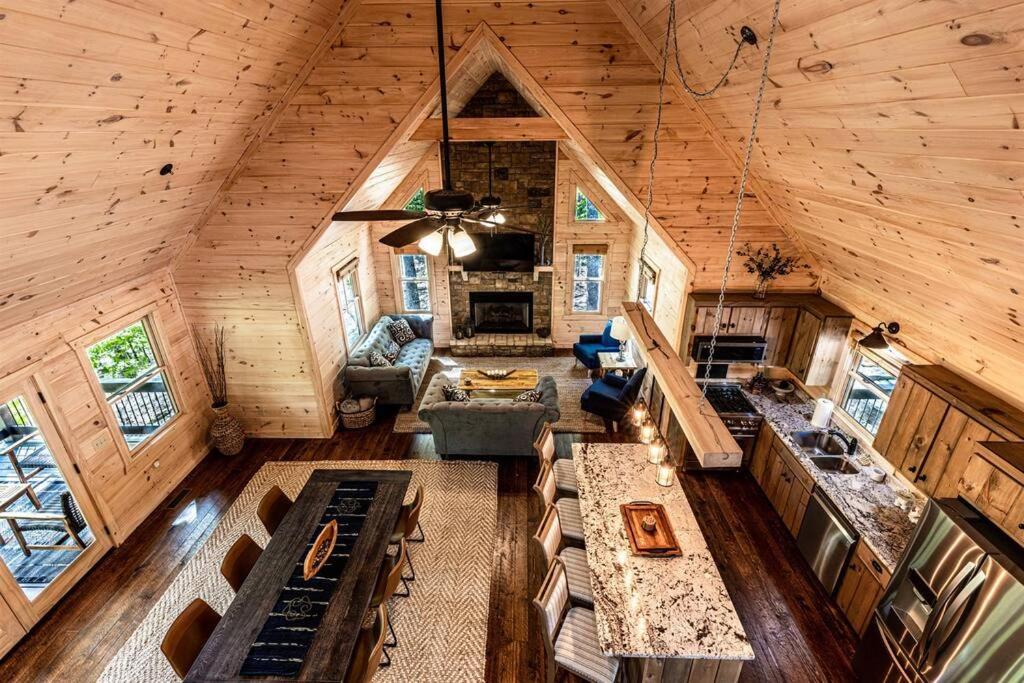 an overhead view of a living room in a log cabin at Luxe Family Cabin 8 min to Downtown Blue Ridge in Blue Ridge