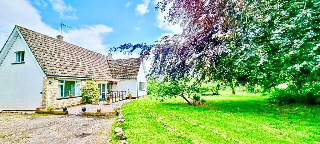 a white house with a yard and a tree at THREE BEDROOM Rural, relaxing and peaceful,DOGS welcome! in Abergavenny