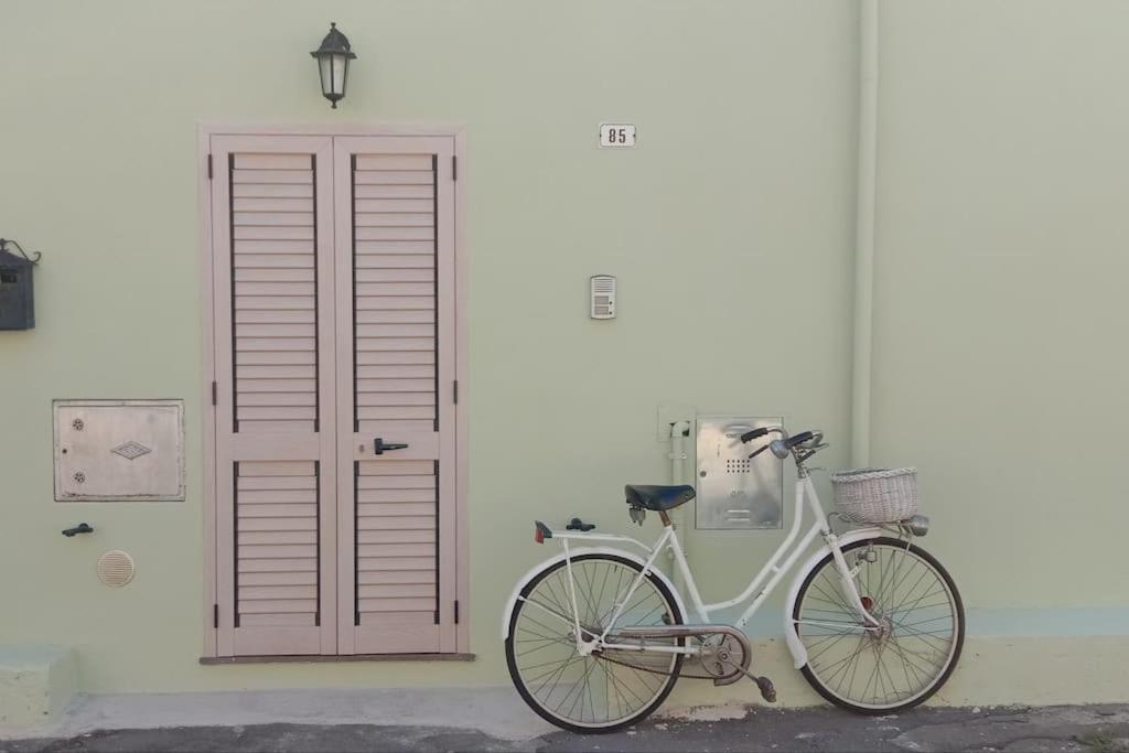 Una bicicleta blanca estacionada frente a una puerta en Casa Uccio spaziosa, nell'entroterra salentino, vicina a diverse spiagge, en Botrugno