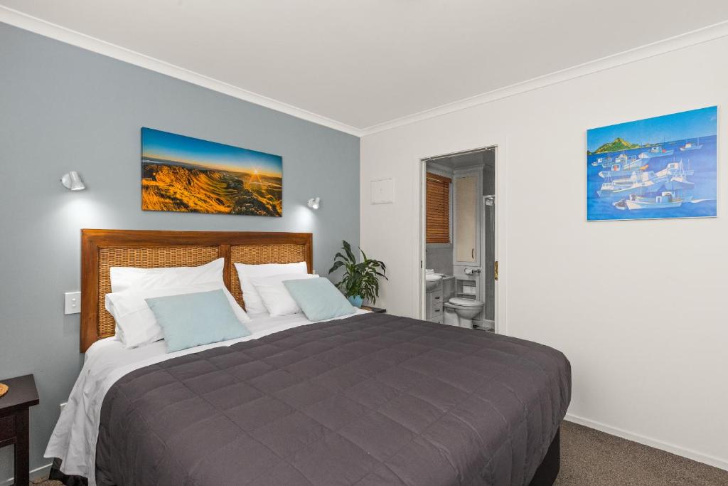 ein Schlafzimmer mit einem großen Bett in einem Zimmer in der Unterkunft Village Apartment Havelock North in Havelock North