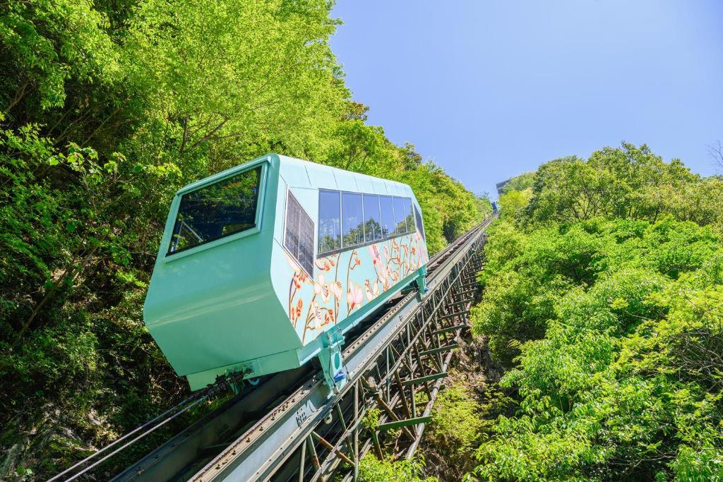 a train on a bridge in the trees at Iya Onsen in Miyoshi