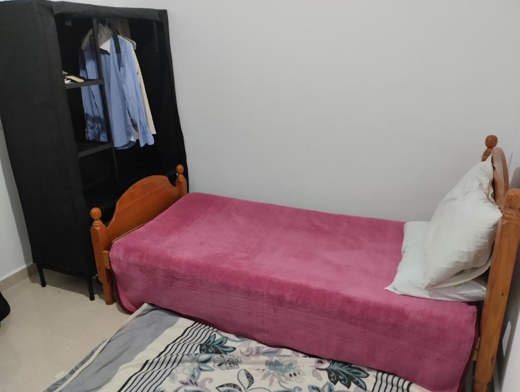 a small bed with a pink blanket and a closet at Chambre privée dans une appartement calme 
