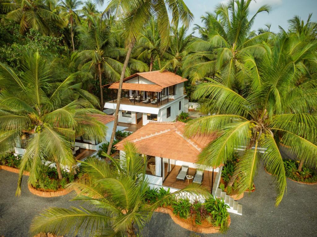 - une vue aérienne sur une maison avec des palmiers dans l'établissement Pont Bleu Suites, à Canacona