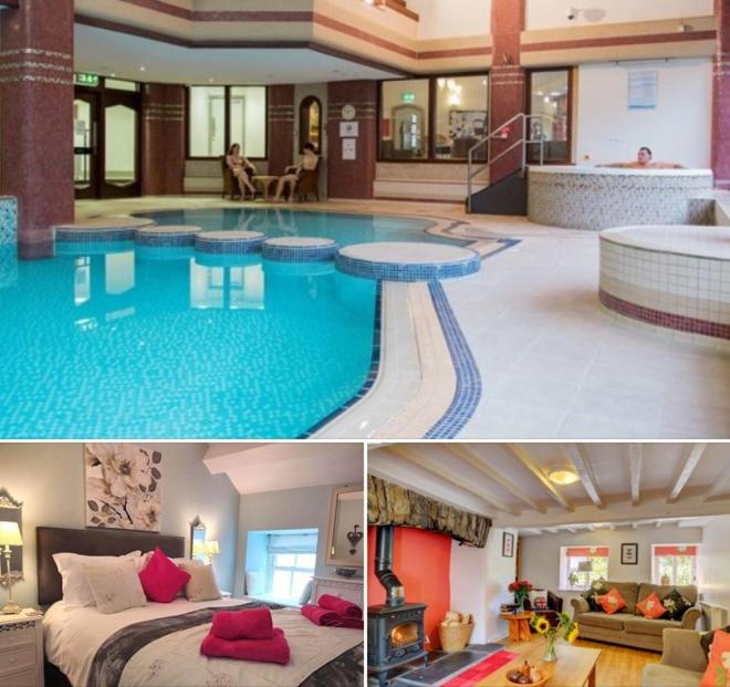 a collage of three pictures of a large swimming pool at Woodside Cottage with free Spa access in Newby Bridge