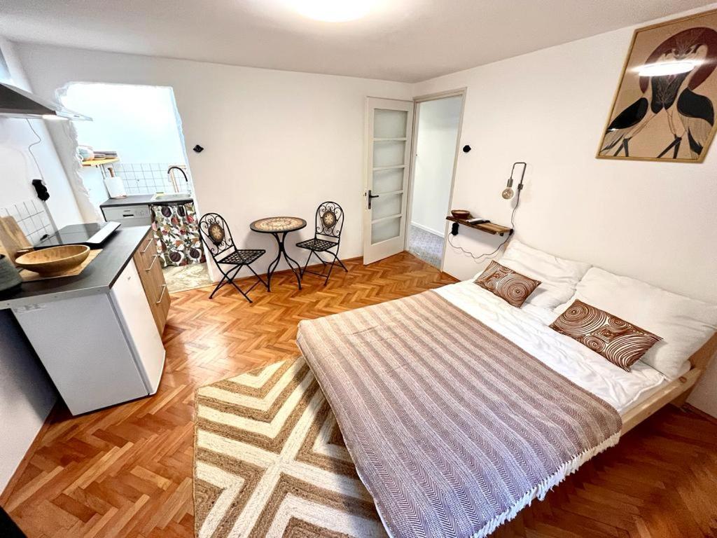 een slaapkamer met een bed en een keuken met een tafel bij Villa 47 in Mošćenička Draga