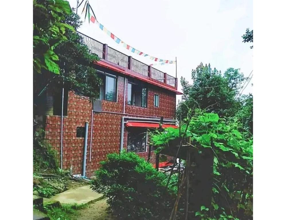 a red brick building with a balcony and trees at Basudhalaya Home Stay, Darjeeling in Darjeeling