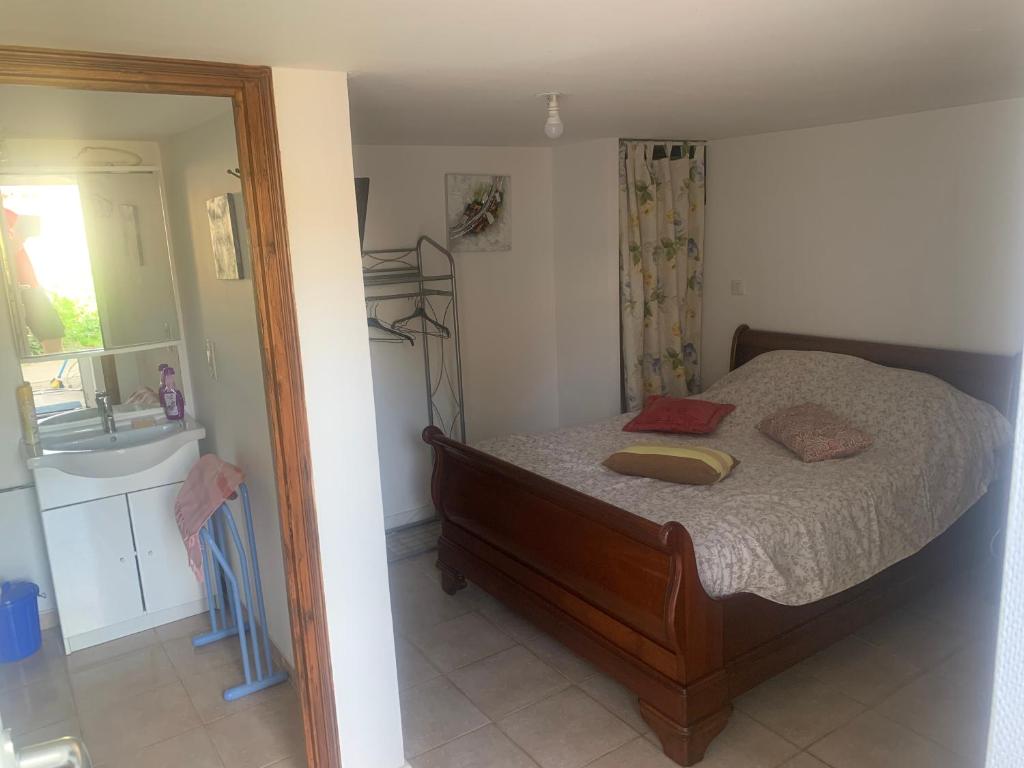 una camera con letto, lavandino e specchio di Studio 20 m2 a Chamouilley