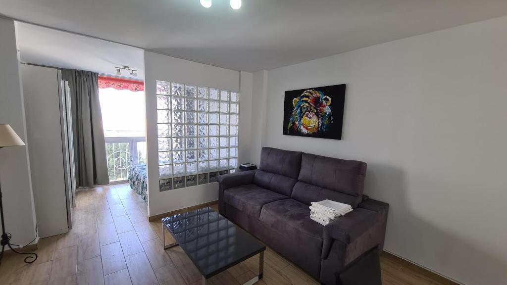 ein Wohnzimmer mit einem braunen Sofa und einem Fenster in der Unterkunft Apartamento Estudio Playmon Park 10-9 in Benidorm