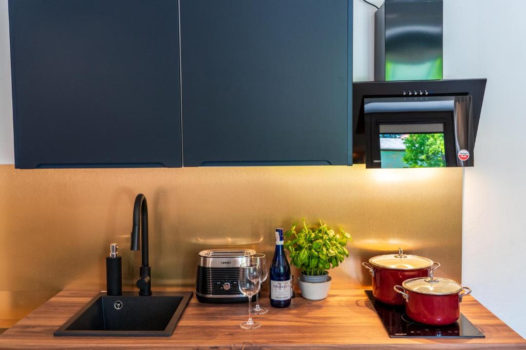 a kitchen counter with blue cabinets and a sink at Sokowirówka in Poniatowa