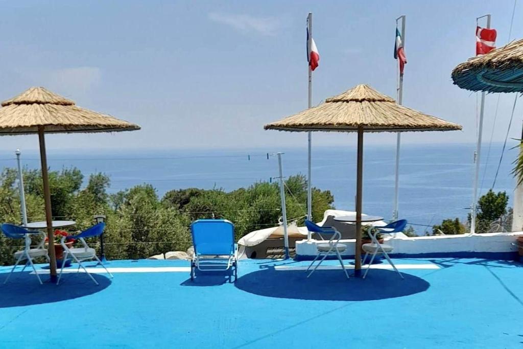 a large swimming pool with chairs and umbrellas at Ikaria Studios in Manganítis