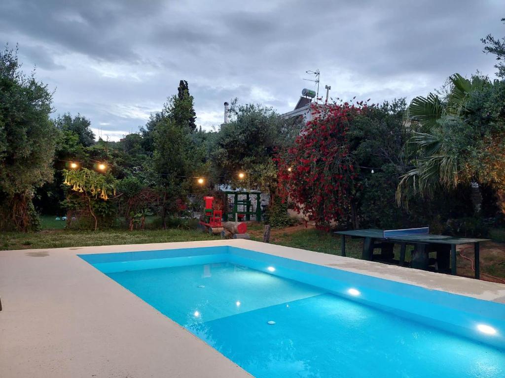 een zwembad in een tuin met een picknicktafel bij Sofiana Traditional Villa with swimming pool in Dhrapaniás