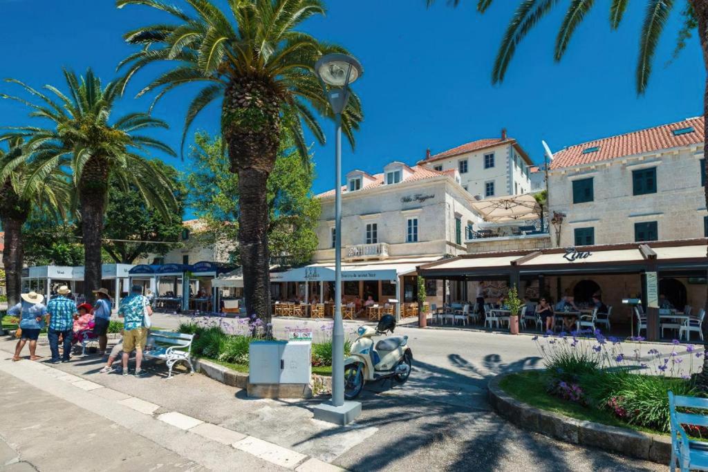 una calle con palmeras y un semáforo en Casa Antika Suites, en Cavtat