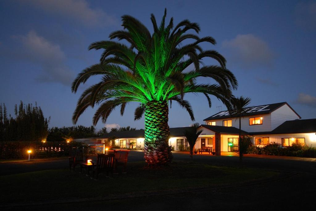 a palm tree in front of a house at night at Norfolk Motel & Campervan Park in Awanui