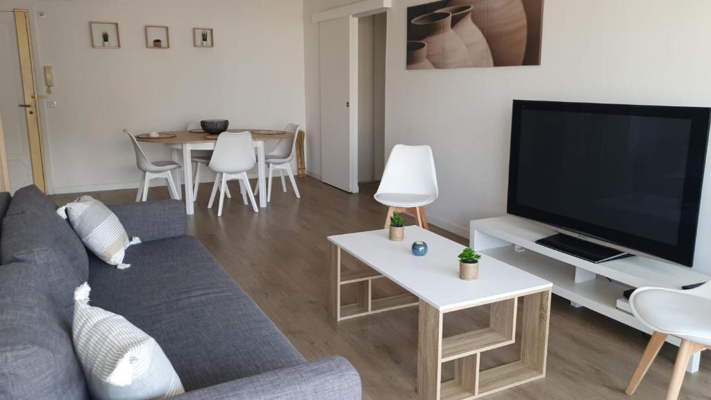 ein Wohnzimmer mit einem Sofa und einem Flachbild-TV in der Unterkunft Superbe T3 L’Illiade - Plages 3’ à pieds - Parking in Juan-les-Pins