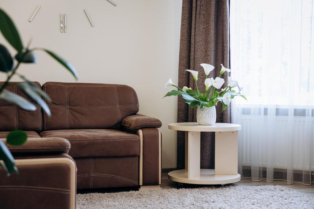 ein Wohnzimmer mit einem Stuhl und einem Tisch mit einer Pflanze in der Unterkunft Family House in Winnyzja