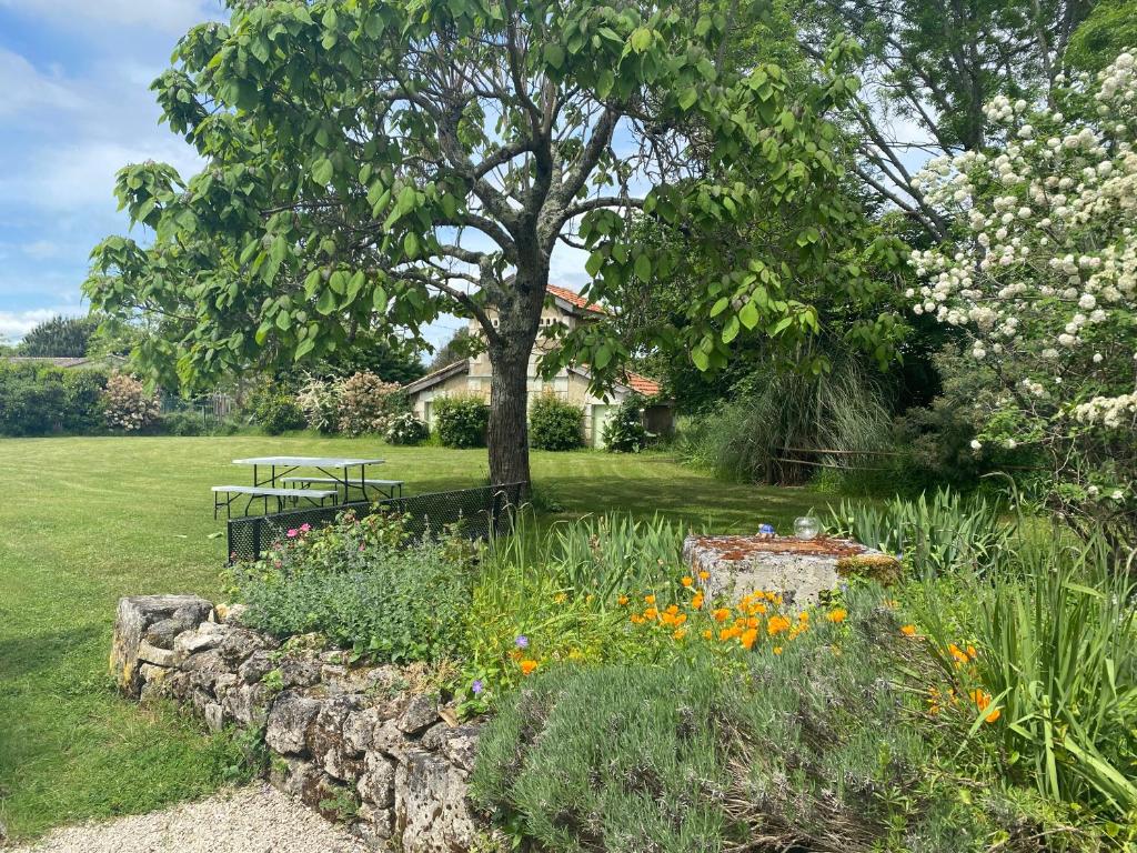 un jardin avec un arbre et un mur en pierre dans l'établissement Charmante longère girondine, à Saint-Ciers-sur-Gironde