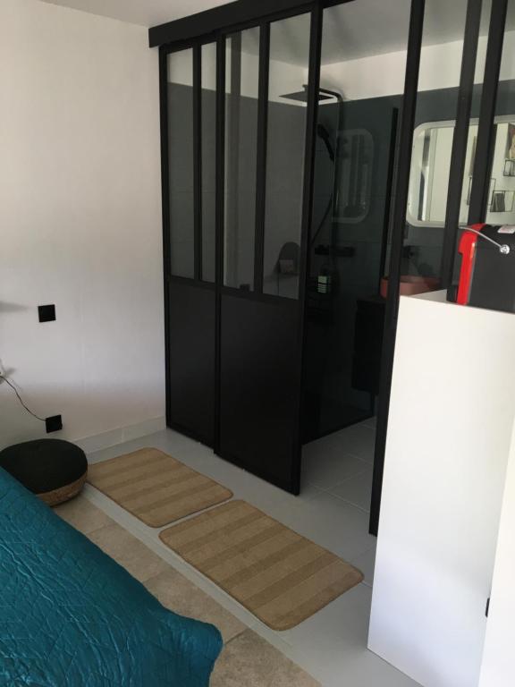 a living room with a black door and a rug at COSY ROOM PRIVATE BATH AND GARDEN in Anglet