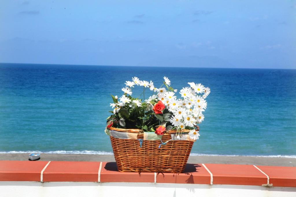 a basket of flowers sitting on a wall near the ocean at Vacanze al Mare Patrizia's Sweet Home in Terme Vigliatore