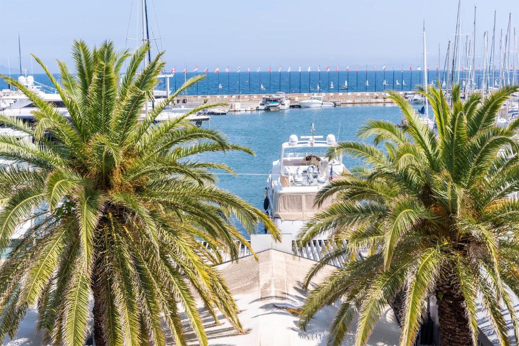zwei Palmen neben einem Yachthafen mit Booten in der Unterkunft Grand Studio 38m2 vue Mer et Parking ! in Hyères