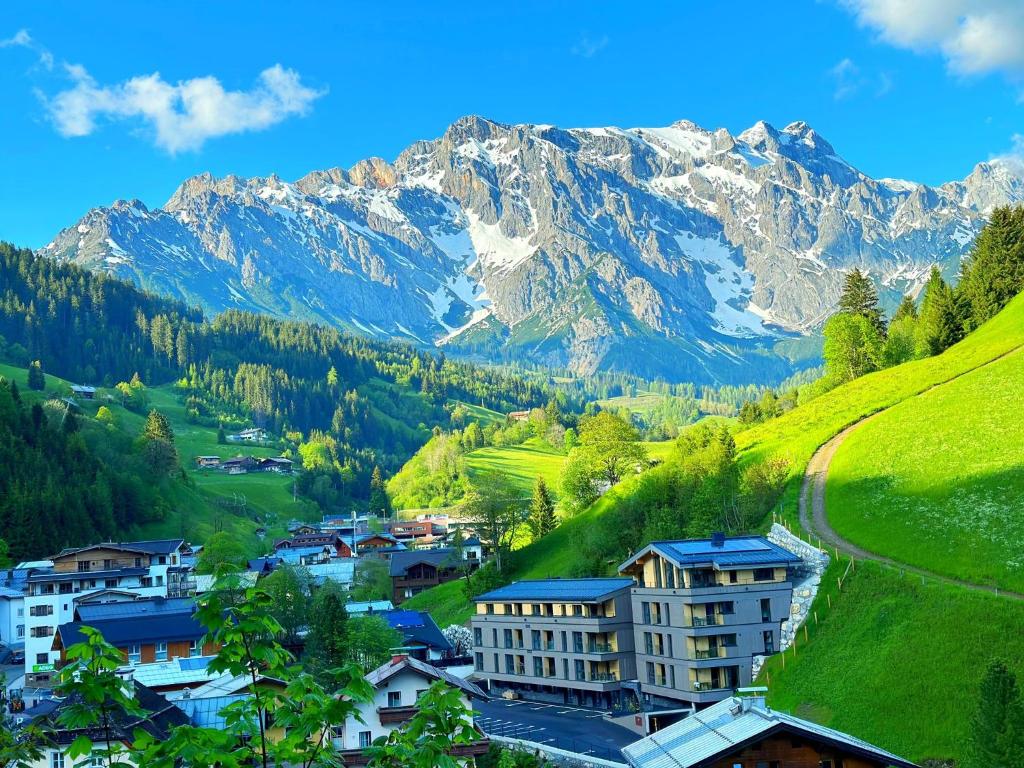 une ville dans une vallée avec des montagnes en arrière-plan dans l'établissement Wildbach Lodge Dienten, à Dienten am Hochkönig