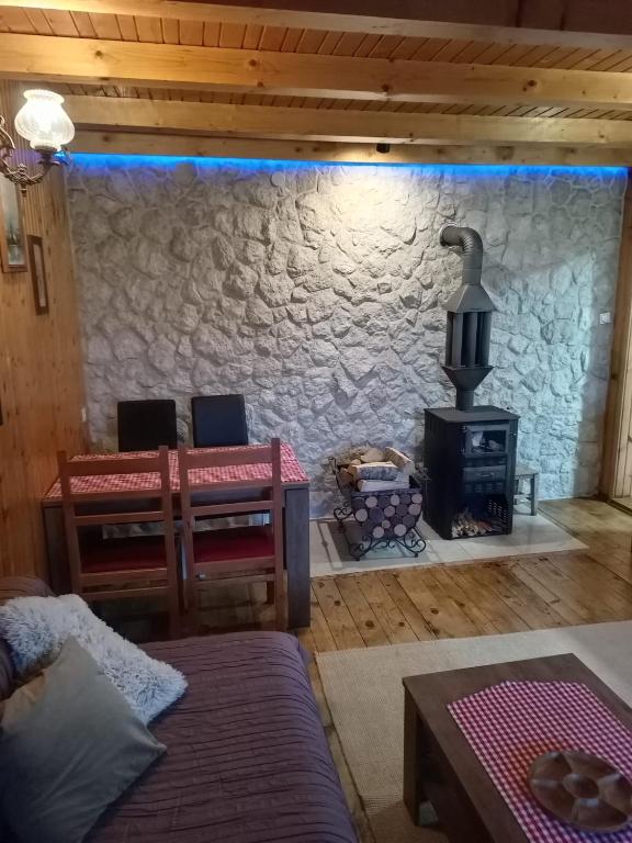 un soggiorno con parete in pietra e piano cottura di Chalet Hill Zabljak a Žabljak
