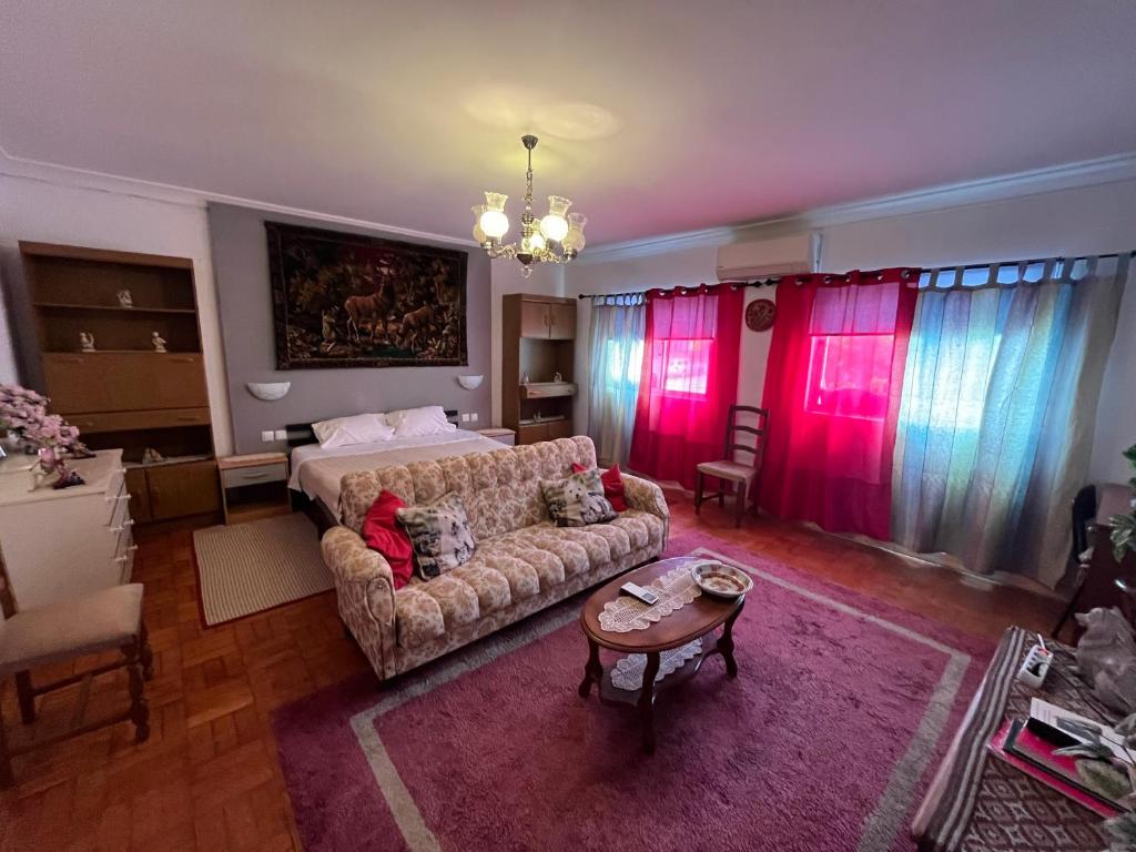 a living room with a couch and a bed at Casa da Avó Maria, Largo de Santo António, n 97395AL in Freixo de Espada à Cinta