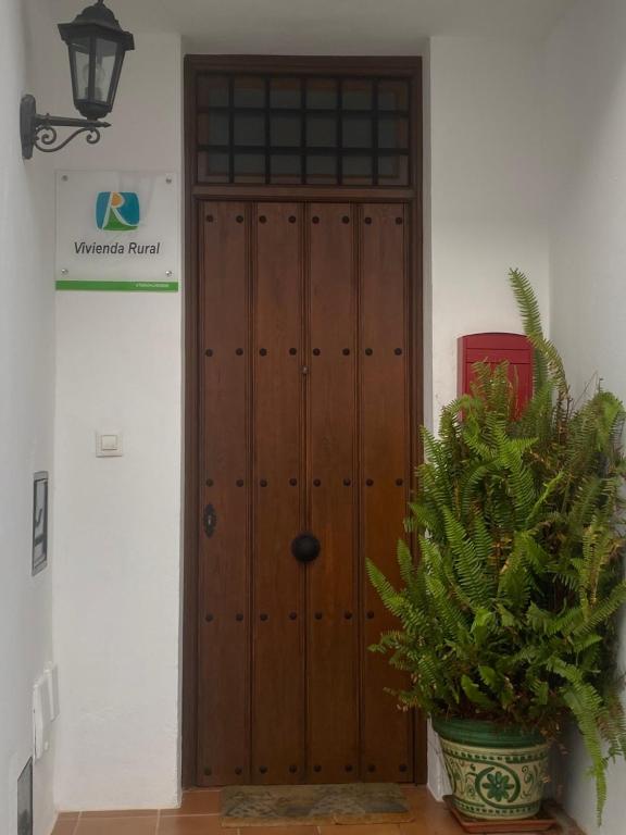 eine Holztür in einem Raum mit Topfpflanze in der Unterkunft Casa Paloseto in Higuera de la Sierra