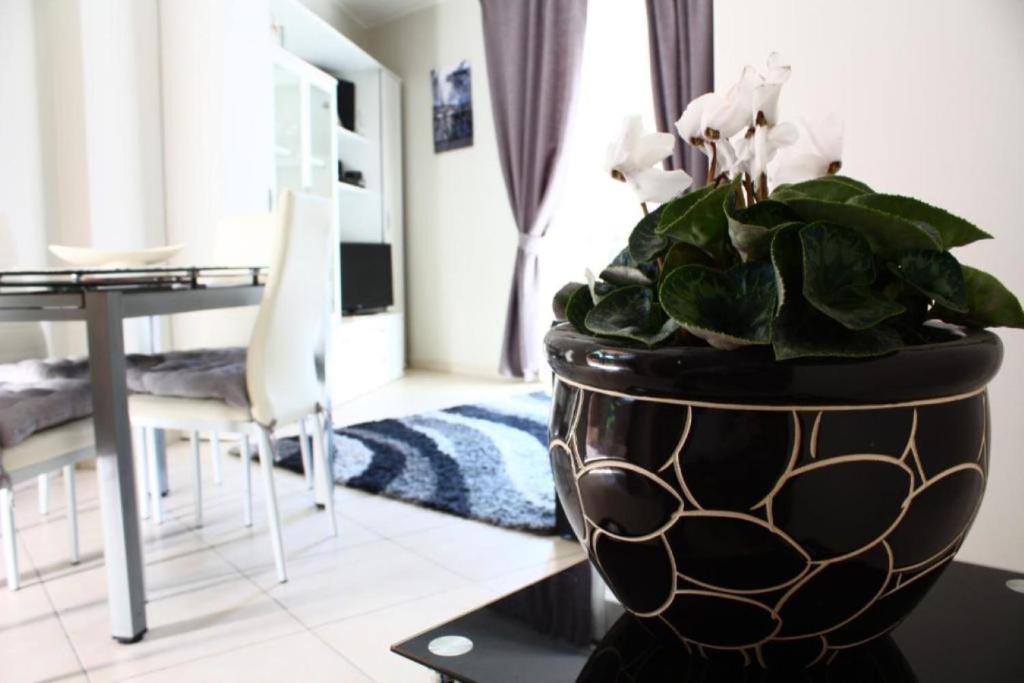 a black vase with a plant on a table at Casa Lucia in Taormina