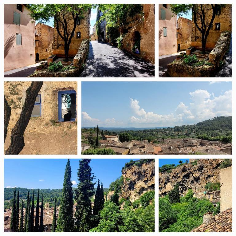 un collage de photos avec des arbres et des bâtiments dans l'établissement Charmant Duplex au cœur du village, à Cotignac