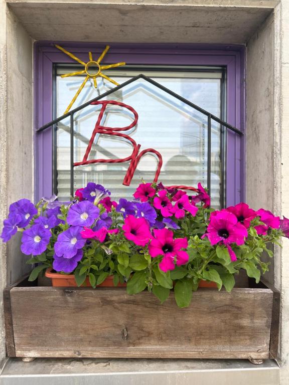 a window with a flower box with the letter f at B&B Gottardo in Airolo