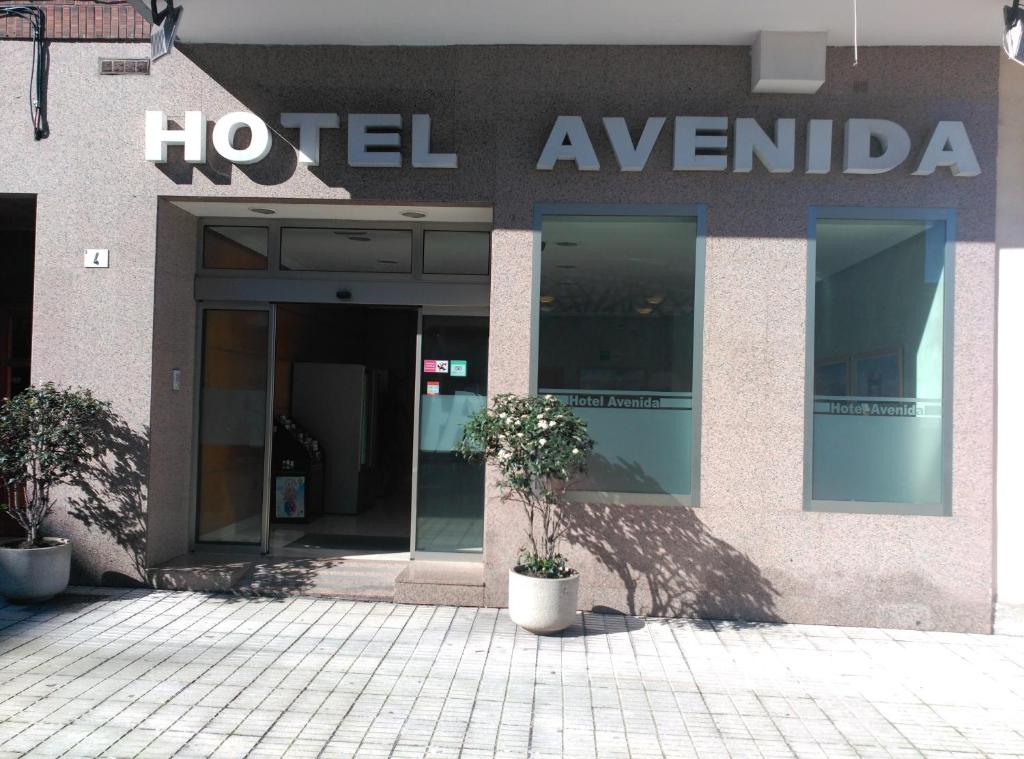 una entrada de hotel con dos macetas delante en Hotel Avenida, en Gijón