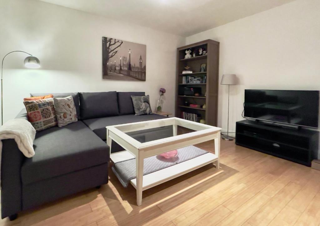 a living room with a couch and a tv at Bright 1 Bedroom Central London in London