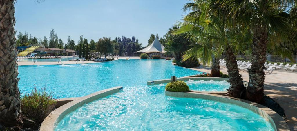 une grande piscine avec de l'eau bleue et des palmiers dans l'établissement La Carabasse, à Vias