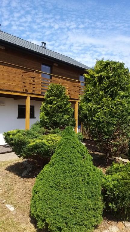 a house with bushes in front of a building at Apart Magda 2 in Rewal