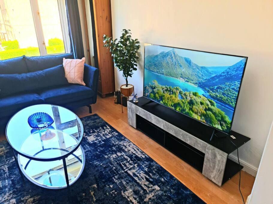 ein Wohnzimmer mit Fernseher und blauem Sofa in der Unterkunft Green Apartments in Invergowrie