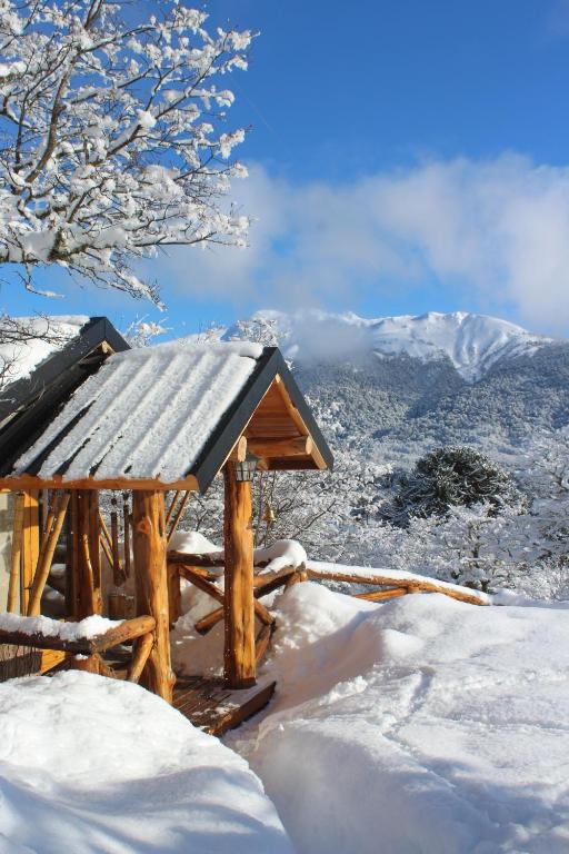eine Holzhütte auf einem schneebedeckten Berg in der Unterkunft Paraiso de Montaña in Villa Pehuenia