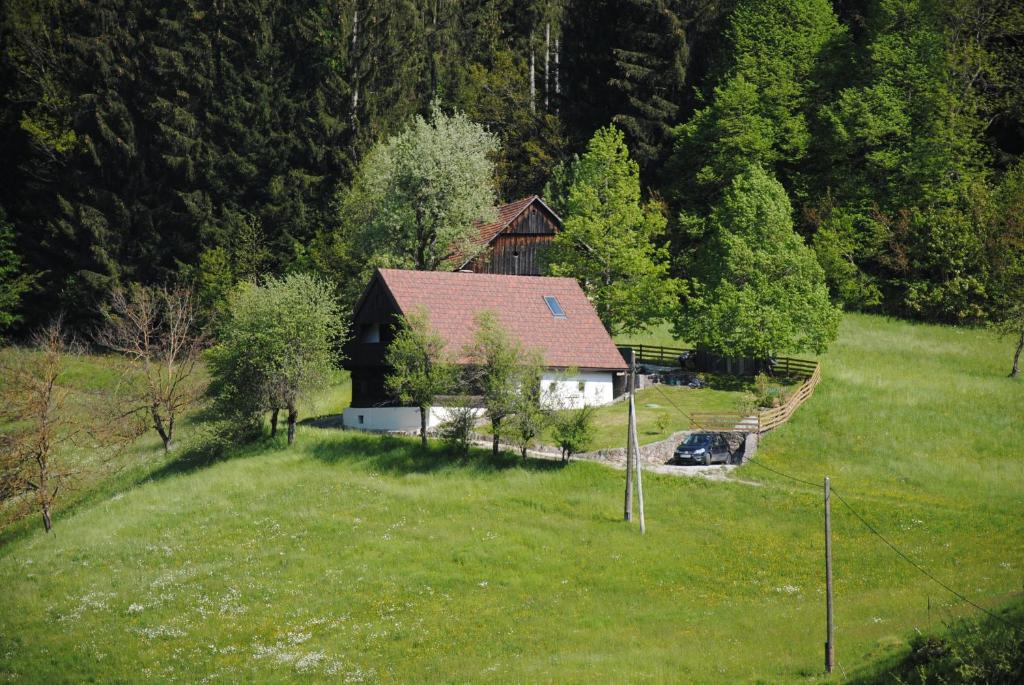 a small house in the middle of a field at Hiša 1820 in Žiri