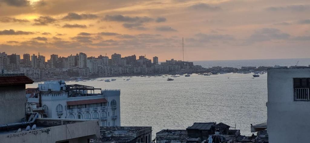 vista para uma cidade e para a água com edifícios em ستوديو على البحر محطة الرمل Raml station stodeo em Alexandria