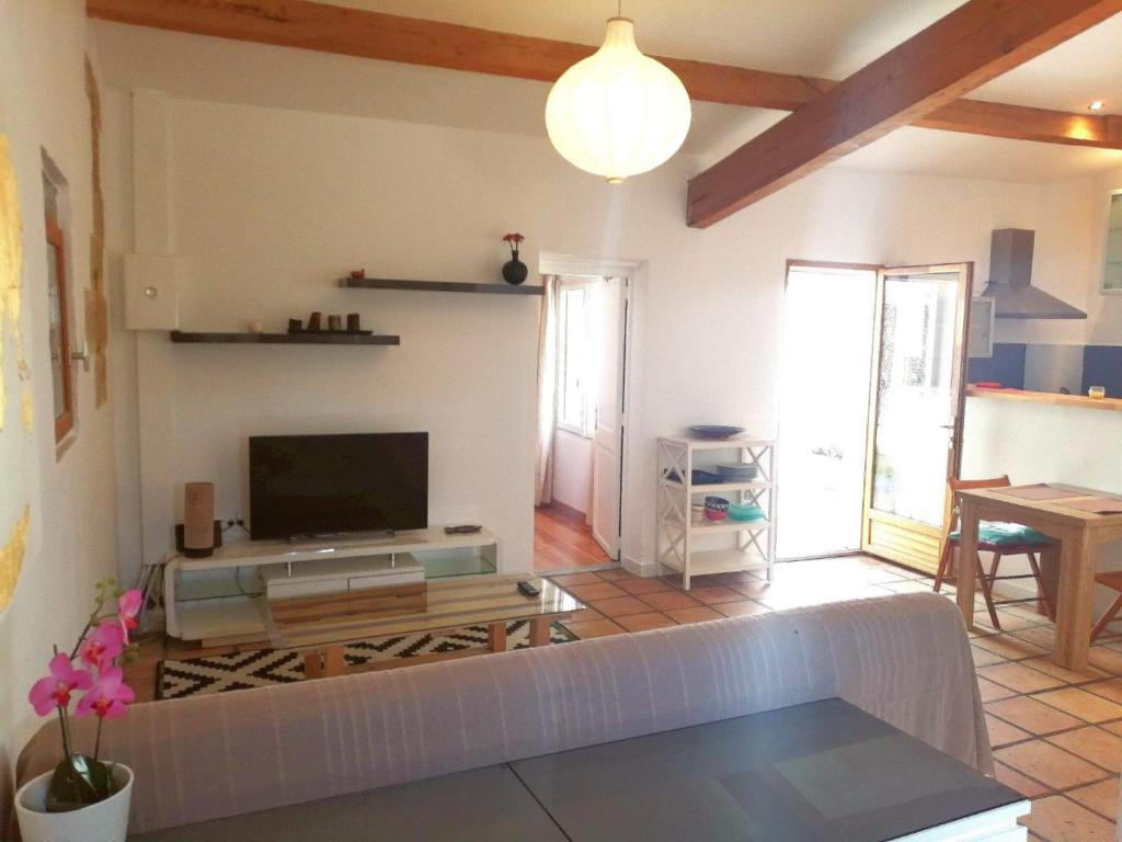 sala de estar con sofá y TV de pantalla plana en Gîte entre mer et Cévennes, en Le Cailar