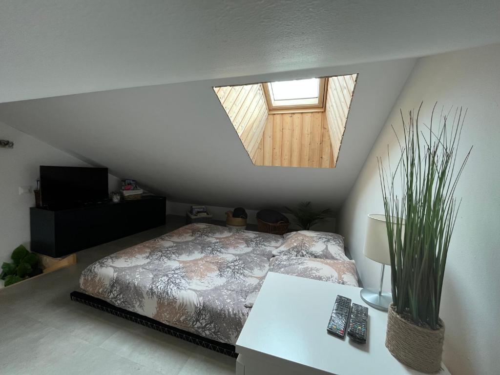 a attic bedroom with a bed and a skylight at Petit Fare Rochois avec mezzanine in La Roche-des-Arnauds