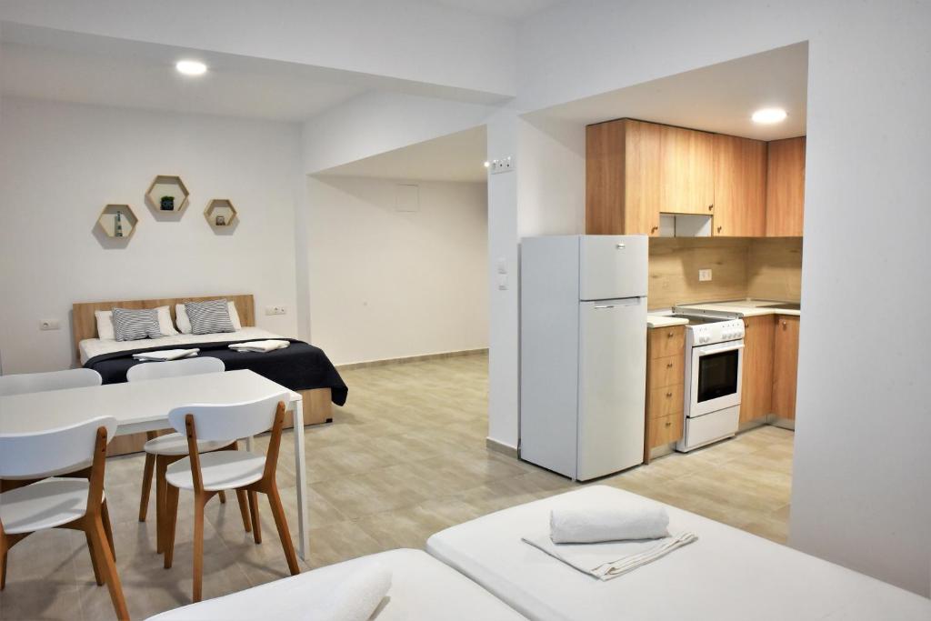 Kuchyň nebo kuchyňský kout v ubytování Telhinis Hotel & Apartments