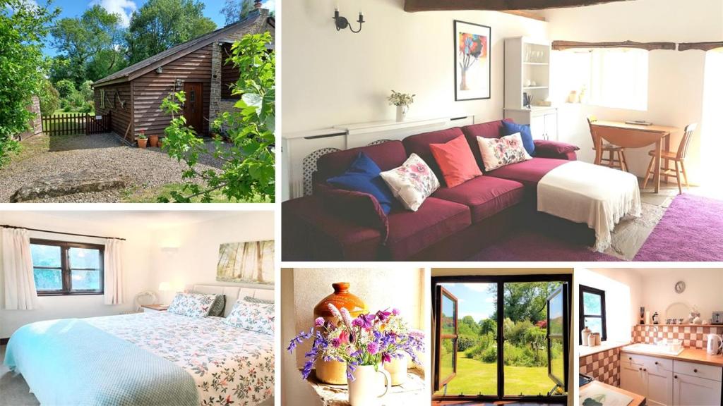 a collage of pictures of a bedroom and a living room at Old Bake House Cottage @ Cwm Mill in Michaelchurch Escley