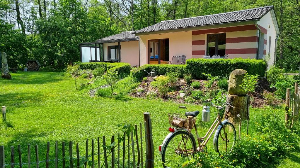 una bicicleta estacionada frente a una casa pequeña en Ferienhaus Rehblick - direkt in der Natur, mit Lesezimmer und zwei Terrassen, en Friedrichroda
