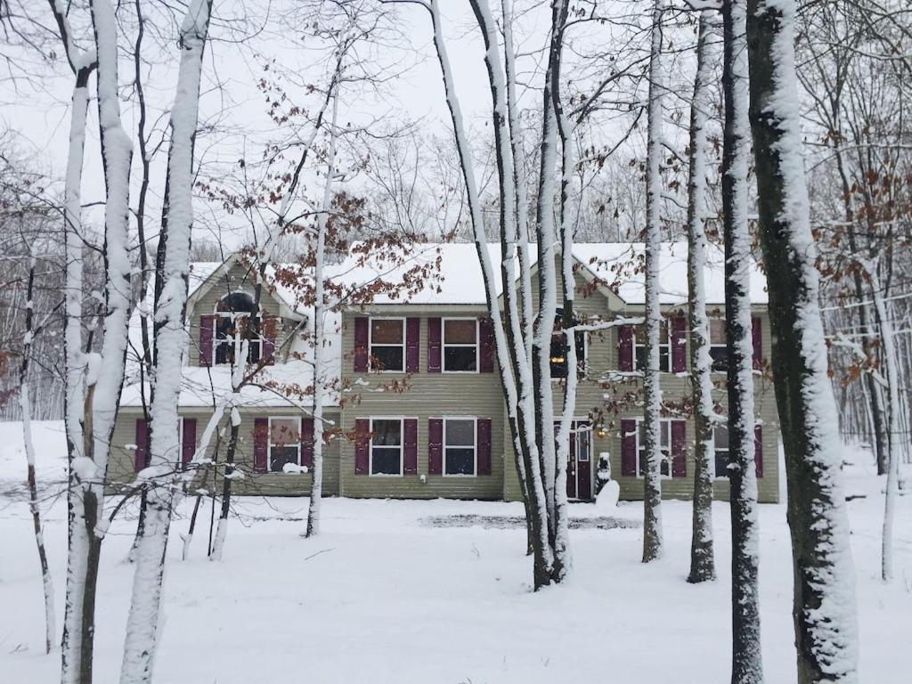una casa en la nieve con árboles delante en Poconos Lake harmony Jackfrost ski Pocono Raceway Camelback ski Mount Airy Lodge, en Albrightsville